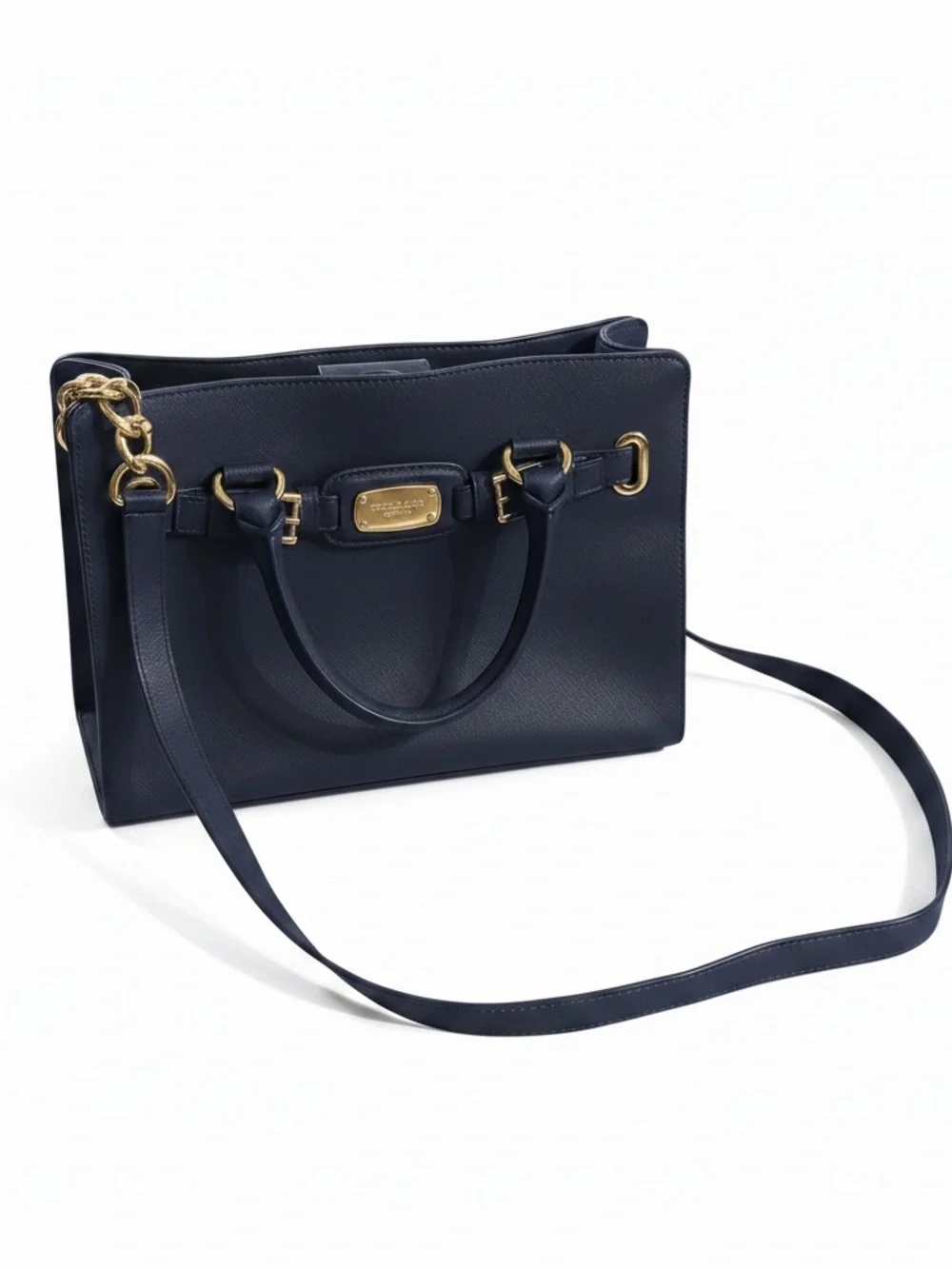 Michael Kors Navy Leather Satchel with Gold Hardware